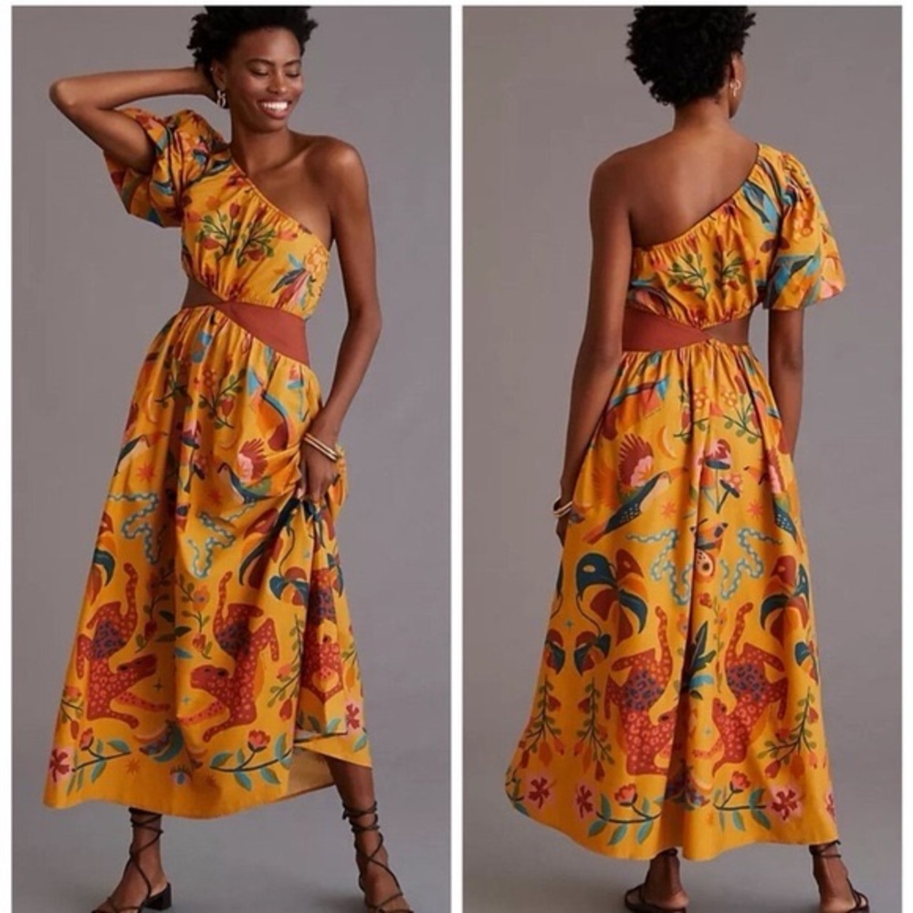 FARM Rio Mustard Yellow One-Shoulder Floral & Bird Maxi Dress
